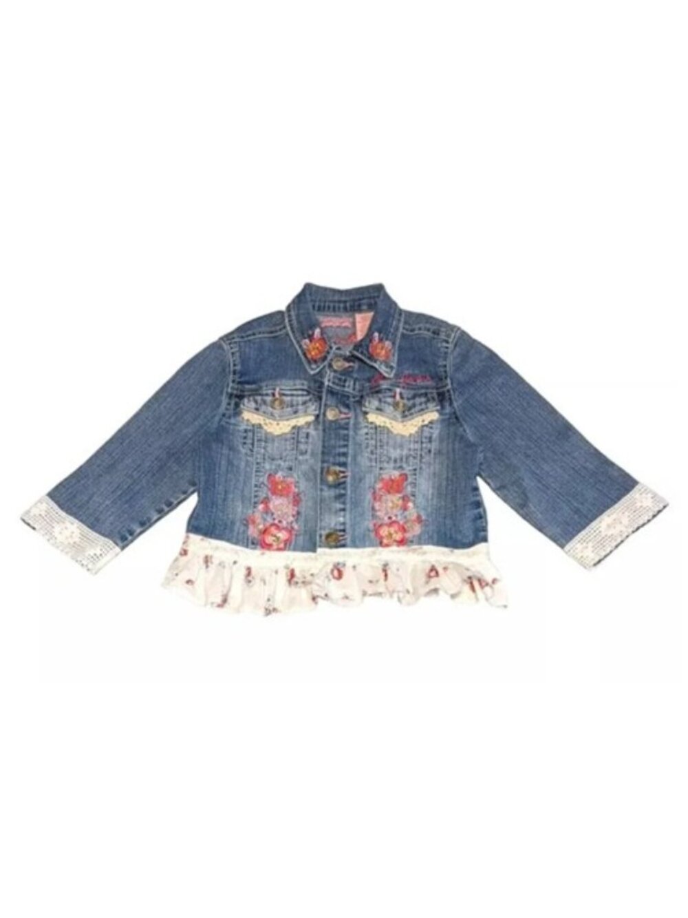 Upcycled Jean Jacket Girls Sz S Vintage Lace Crochet Hand Applied Embellishments